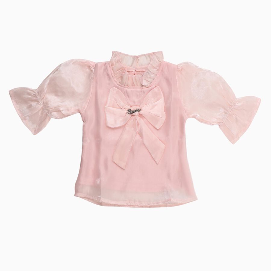 Girls' Pale Peach Ruffled Neck Romantic T-Shirt, Peach, large