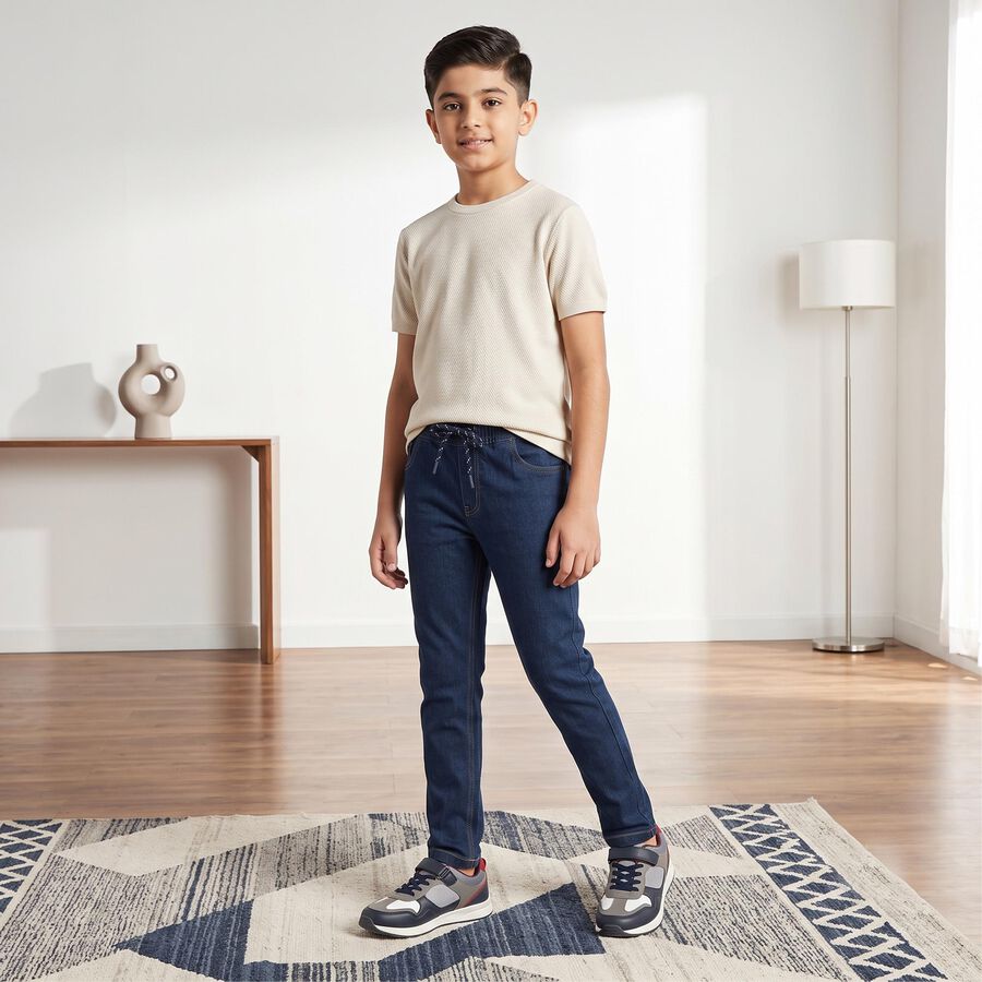 Boys' Navy Blue Straight Fit Drawstring Waist Jeans, Dark Blue, large