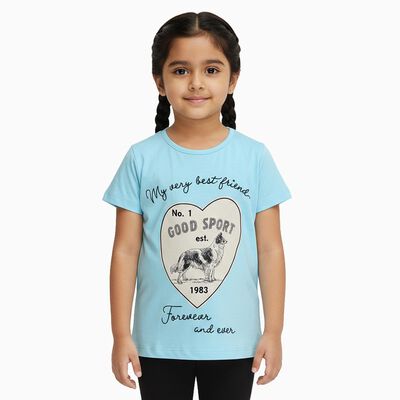 Girls Light Blue Cotton Round Neck Casual T-Shirt