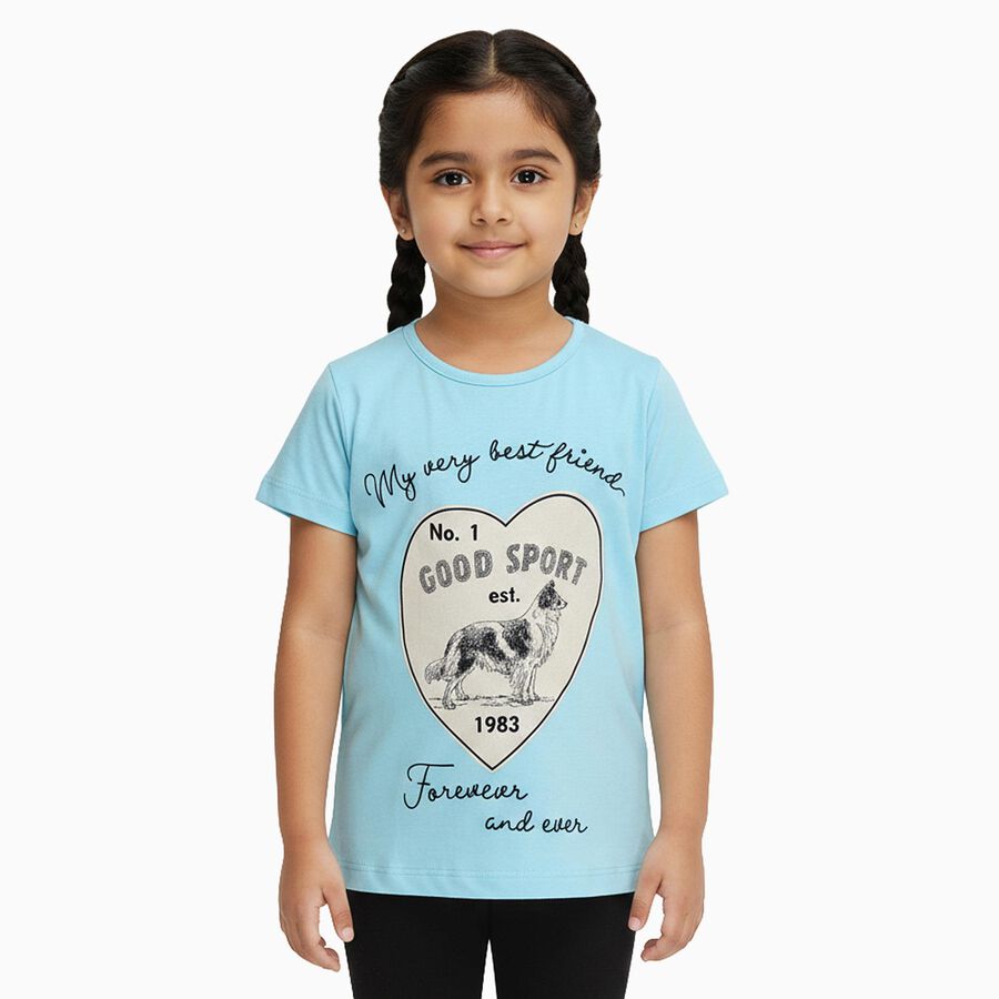 Girls Light Blue Cotton Round Neck Casual T-Shirt, हल्का नीला, large