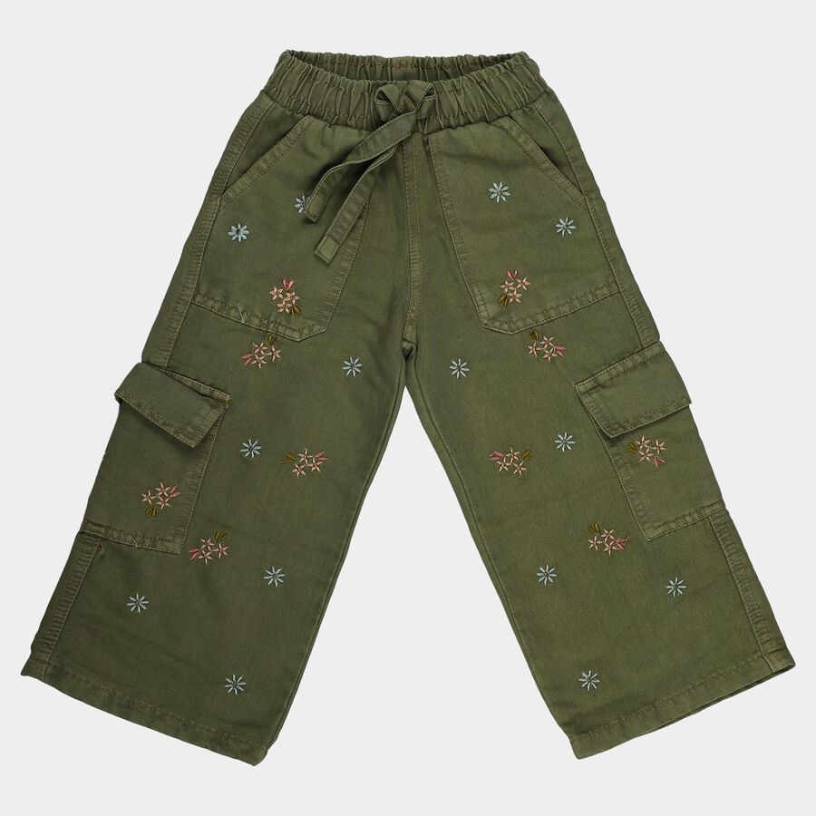 Girls' Olive Green Regular Fit Embroidered Cargo Jeans, Light Green, large