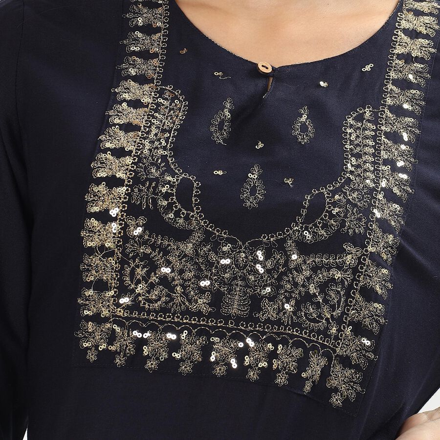 Women's Deep Midnight Navy Round Neck Embroidered Kurta, नेवी ब्लू, large image number null