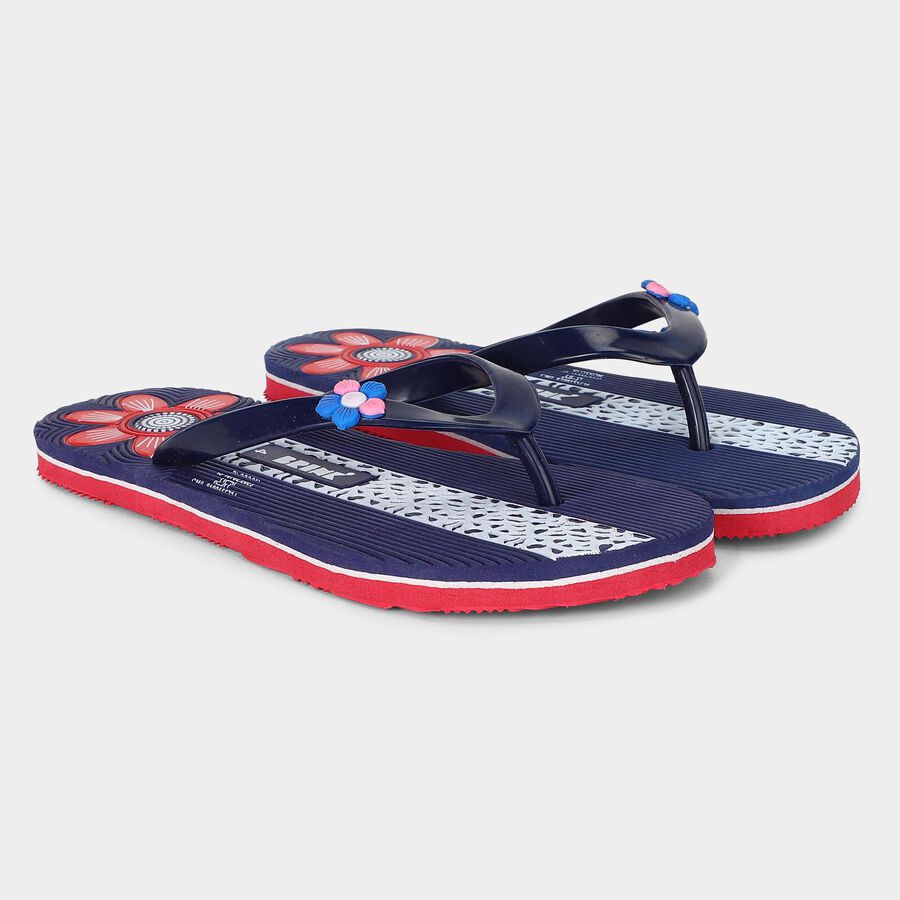Women's Navy Blue Floral Toe-Post Flip-Flops, नीला, large