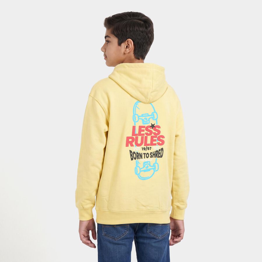 Boys Yellow Hoodie Neck Graphic Print Sweatshirt, Yellow, large
