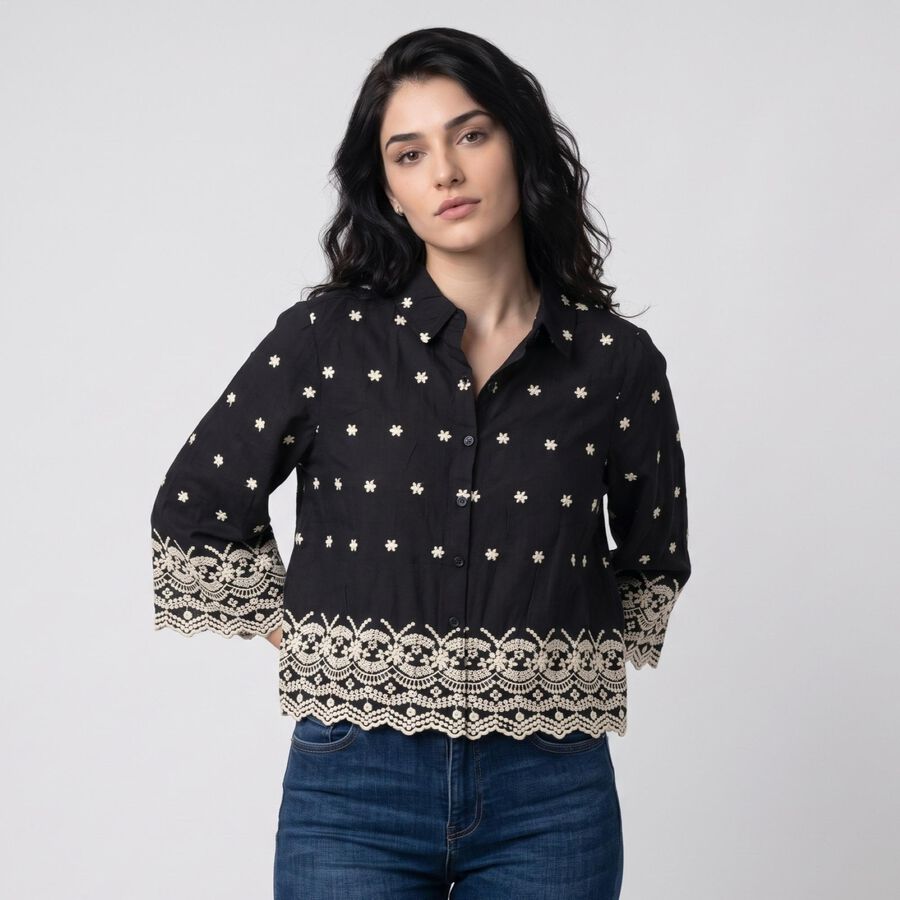 Women's Dark Grey Printed Collar Shirt, Dark Grey, large