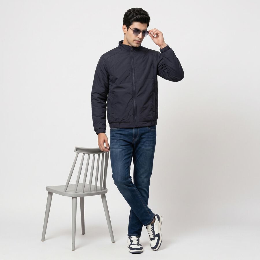 Men's Navy Blue Stand Collar Bomber Jacket, Navy Blue, large