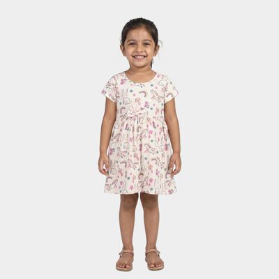 Girls' Off White Printed Fit and Flare Frock