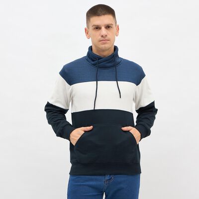 Men's Navy Blue and White High Neck Casual Sweatshirt