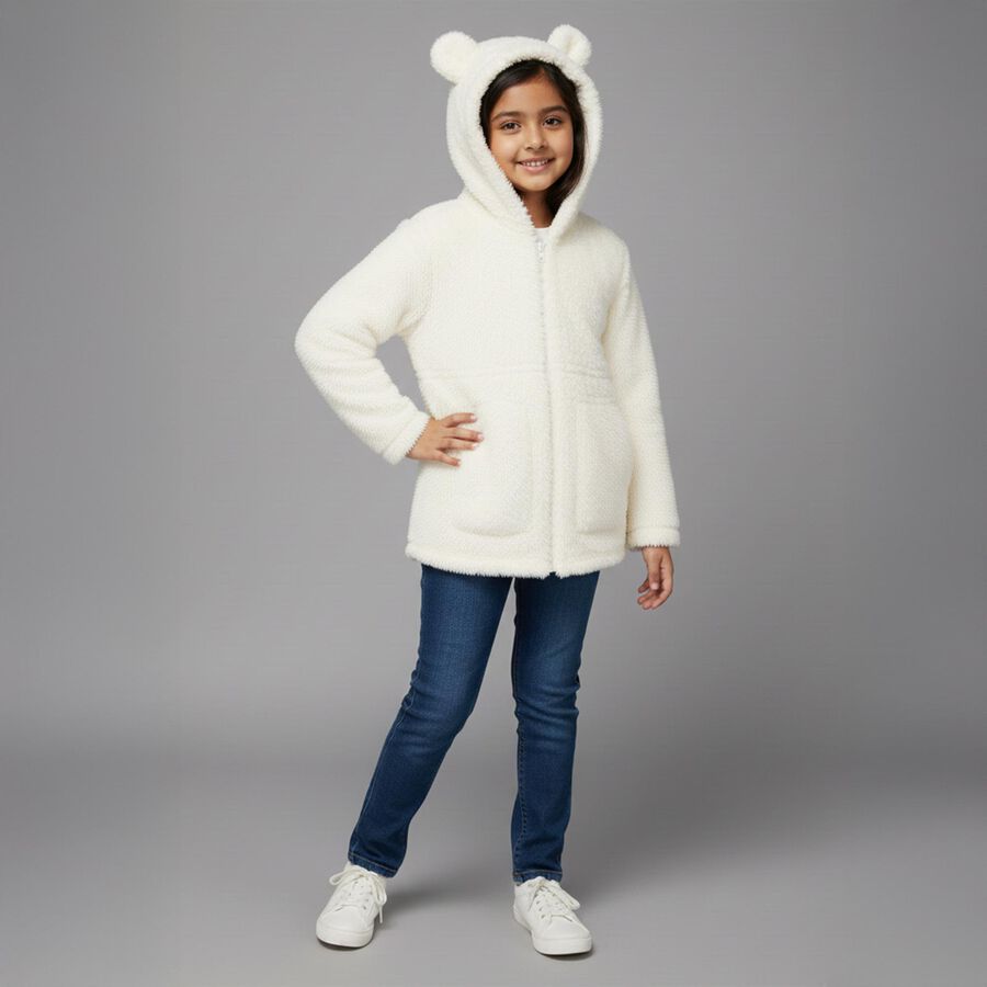 Girls' White Hooded Casual Jacket, Off White, large image number null