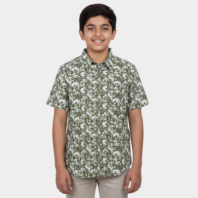 Boys Olive Green Cotton Short Sleeves Collar Regular Fit Shirt