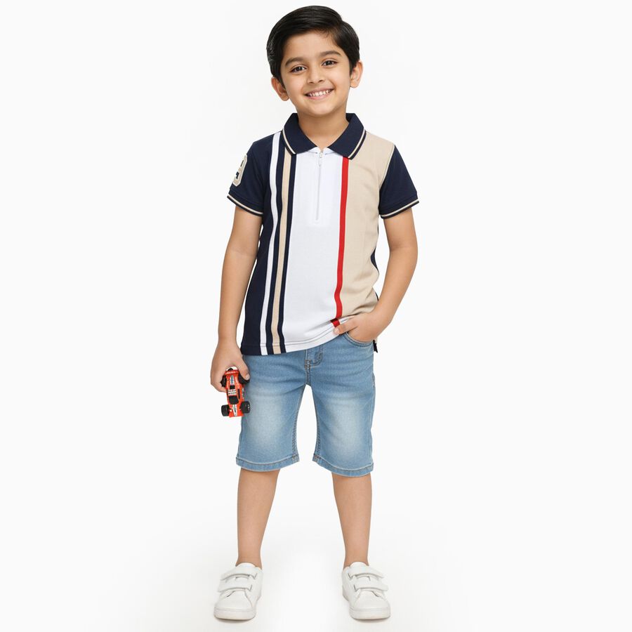Boys Navy Blue and Beige Cotton Polo Neck Casual T-Shirt, Beige, large