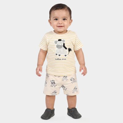 Infants' Beige 100% Cotton Round Neck Zebra Printed Baba Suit