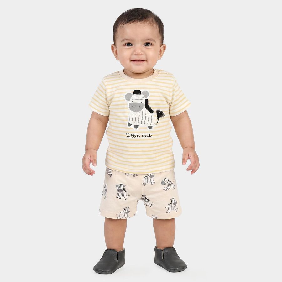 Infants' Beige 100% Cotton Round Neck Zebra Printed Baba Suit, Beige, large