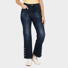 Women's Navy Blue Bootcut Fit Side Slit Button Detail Jeans, गहरा नीला, small