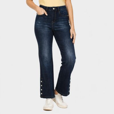 Women's Navy Blue Bootcut Fit Side Slit Button Detail Jeans