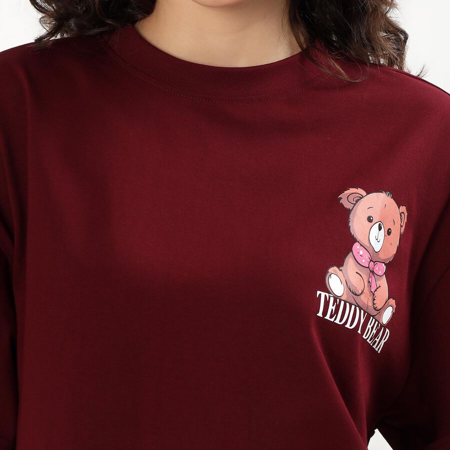 Women's Rich Wine Cotton Round Neck Casual T-Shirt, Wine, large