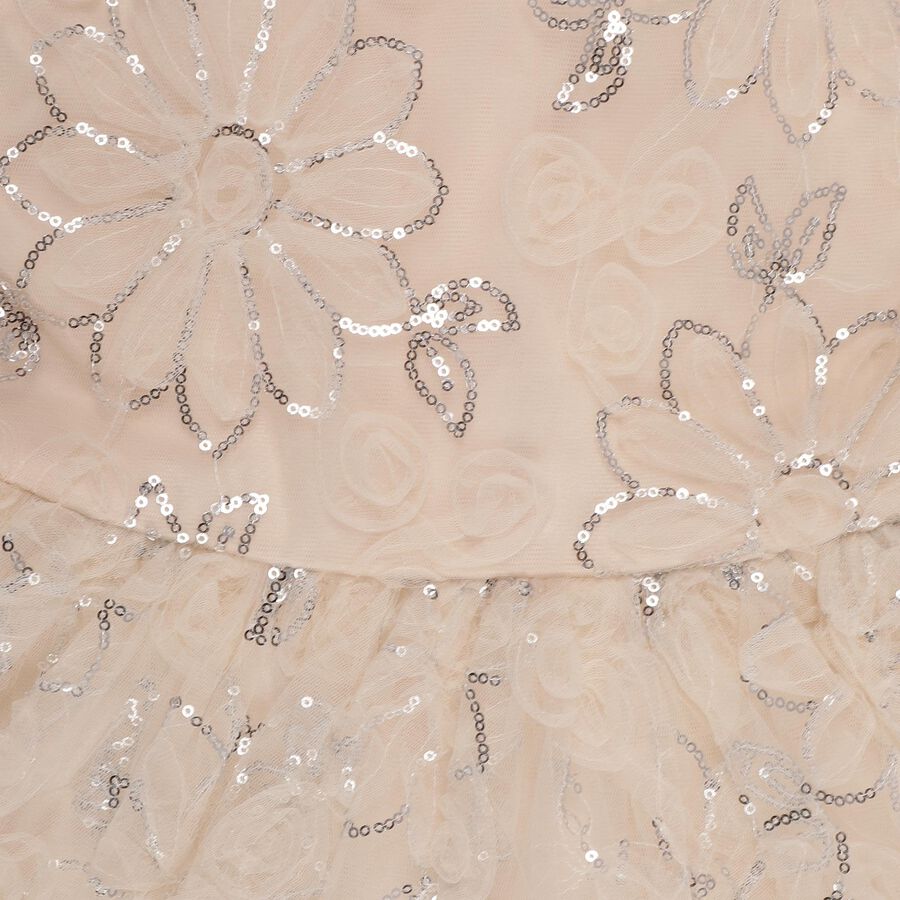 Girls' Soft Cream Floral Sequin Layered Party Wear Frock, Light Pink, large image number null