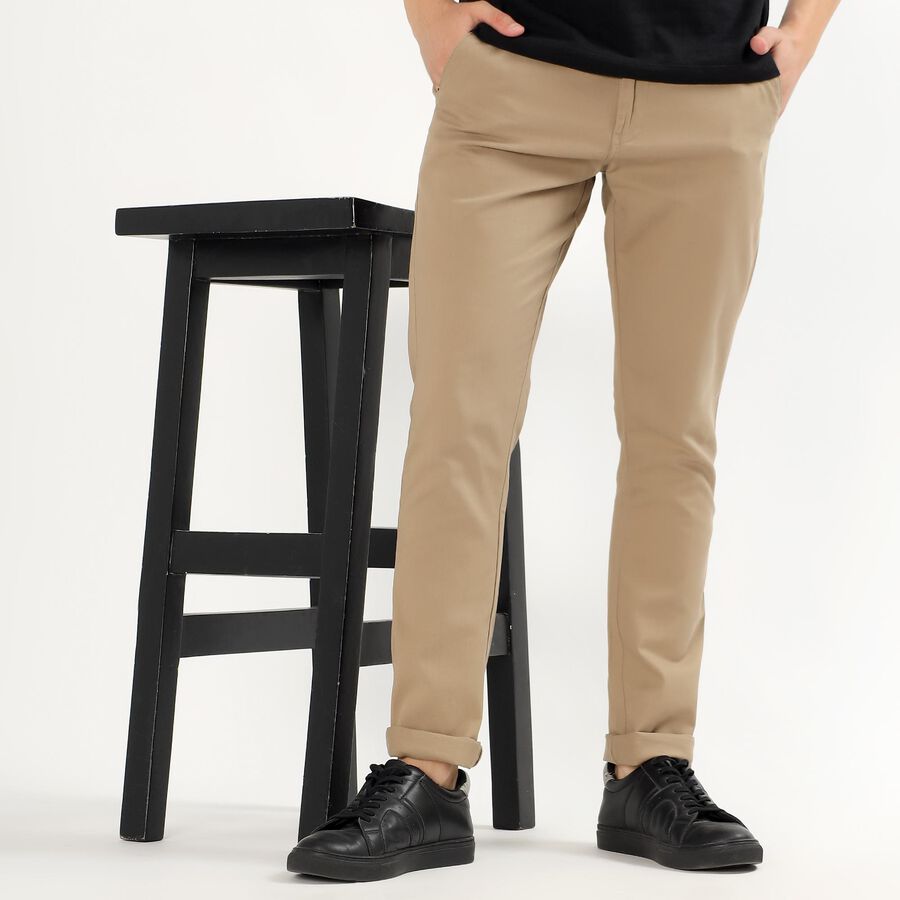 Men's Muted Beige Slim Fit Flat-Front Casual Trousers, Beige, large