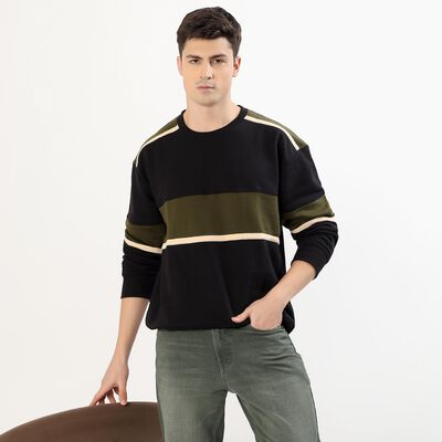Men's Jet Black and Olive Green Crew Neck Casual Sweatshirt, काला Men's Jet Black and Olive Green Crew Neck Casual Sweatshirt