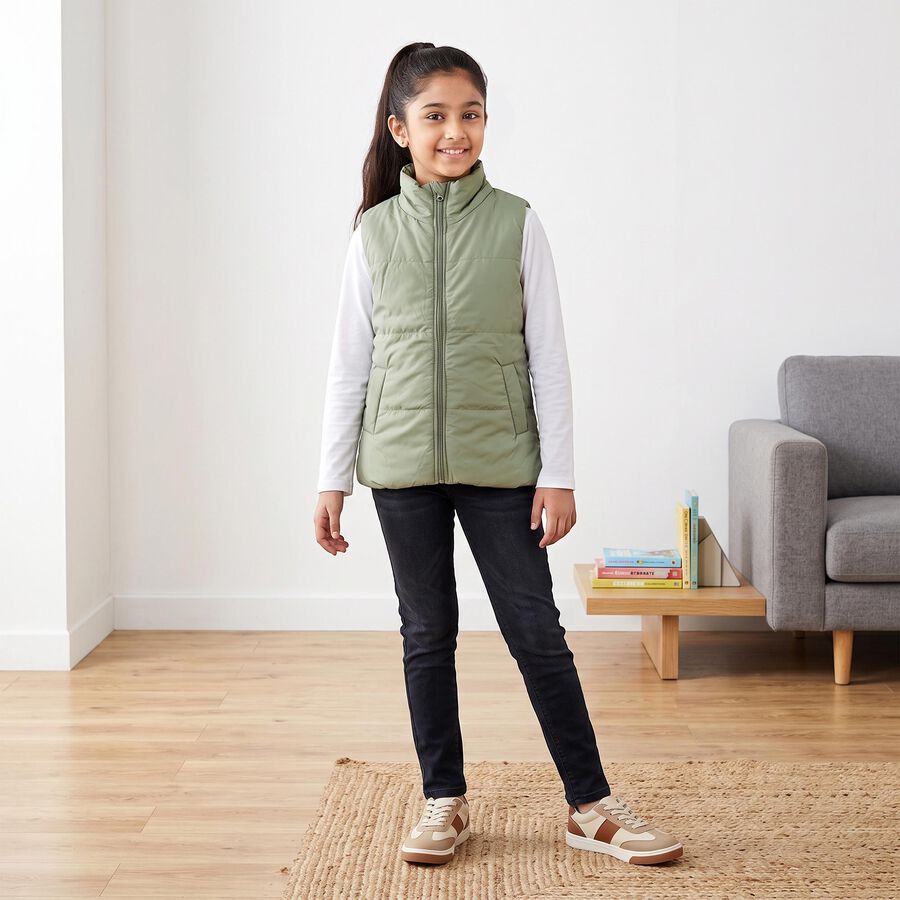 Girls' Sage Green Stand Collar Puffer Jacket, हल्का हरा, large