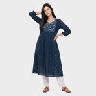 Women's Navy Blue Cotton Notch Neck Embroidered Kurta, Navy Blue, small