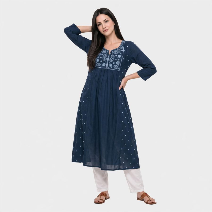 Women's Navy Blue Cotton Notch Neck Embroidered Kurta, Navy Blue, large