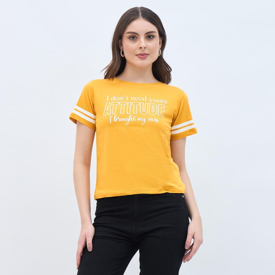 Women's Mustard Yellow Cotton Round Neck Casual T-Shirt, Mustard, large