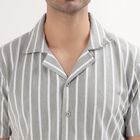 Men's Muted Grey Striped Cuban Collar Casual Shirt, Dark Grey, small