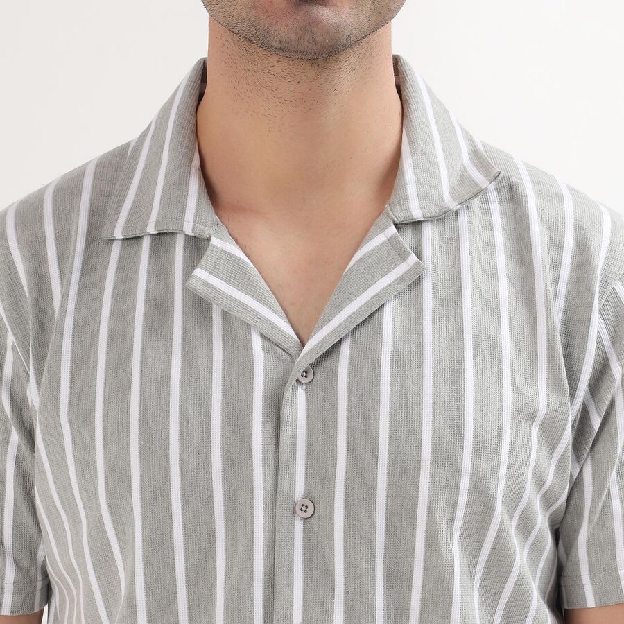 Men's Muted Grey Striped Cuban Collar Casual Shirt, Dark Grey, large