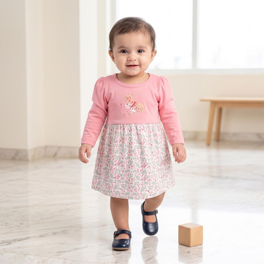 Infants' Pink Fit and Flare Butterfly Motif Frock, हल्का गुलाबी, large