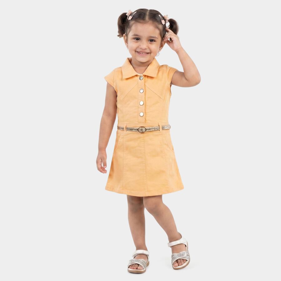 Girls' Peach A-Line Belted Shirt Collar Frock, पीच, large