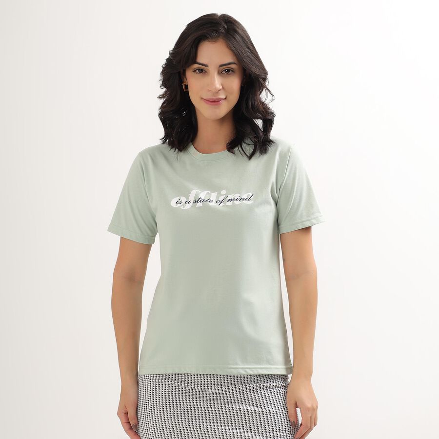 Women's Light Sage Green Round Neck Casual T-Shirt, Light Green, large