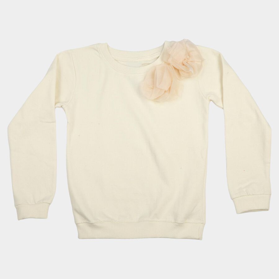 Girls' Cream Crew Neck Pullover Sweatshirt, Off White, large