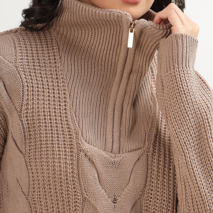 Women's Muted Beige Half-Zip Casual Pullover, भूरा, large image number null