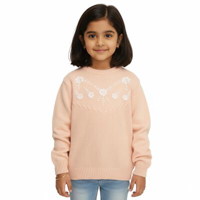Girls Light Pink Crew Neck Floral Embroidered Pullover