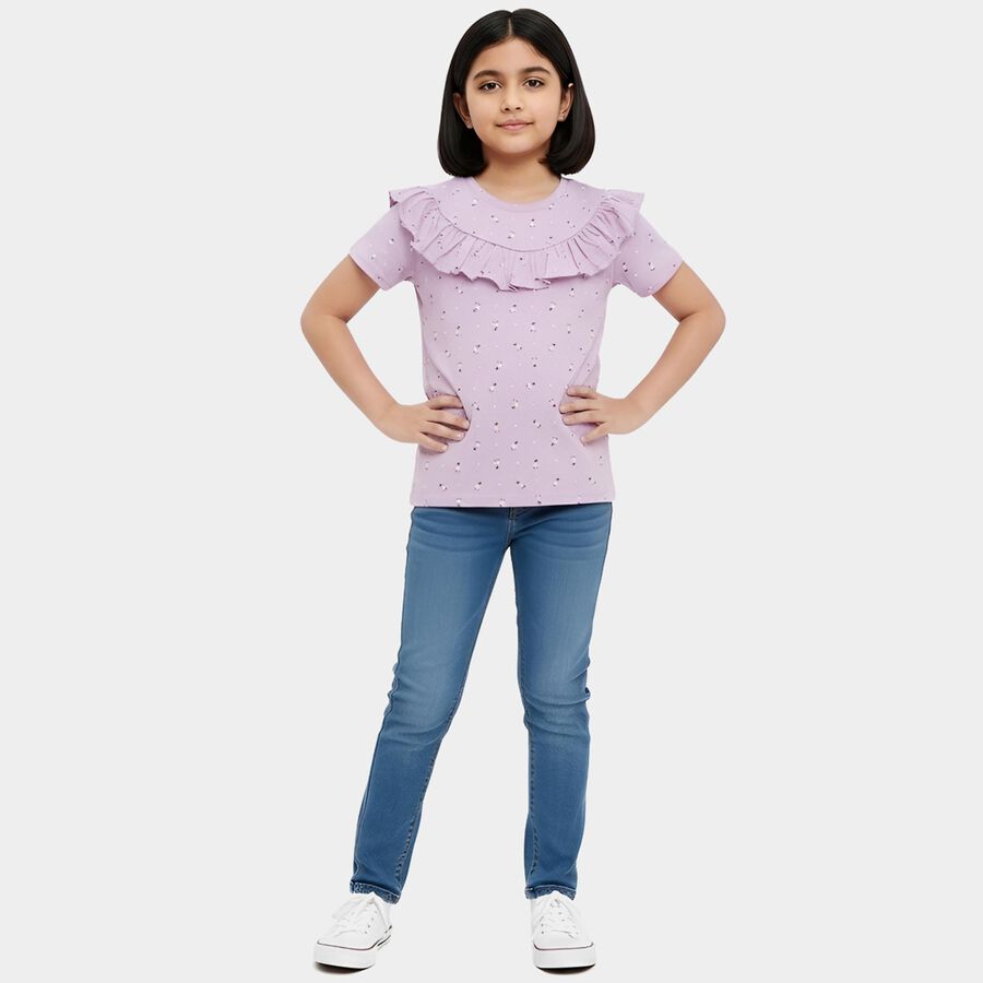 Girls' Purple Cotton Round Neck Graphic Print T-Shirt, Lilac, large