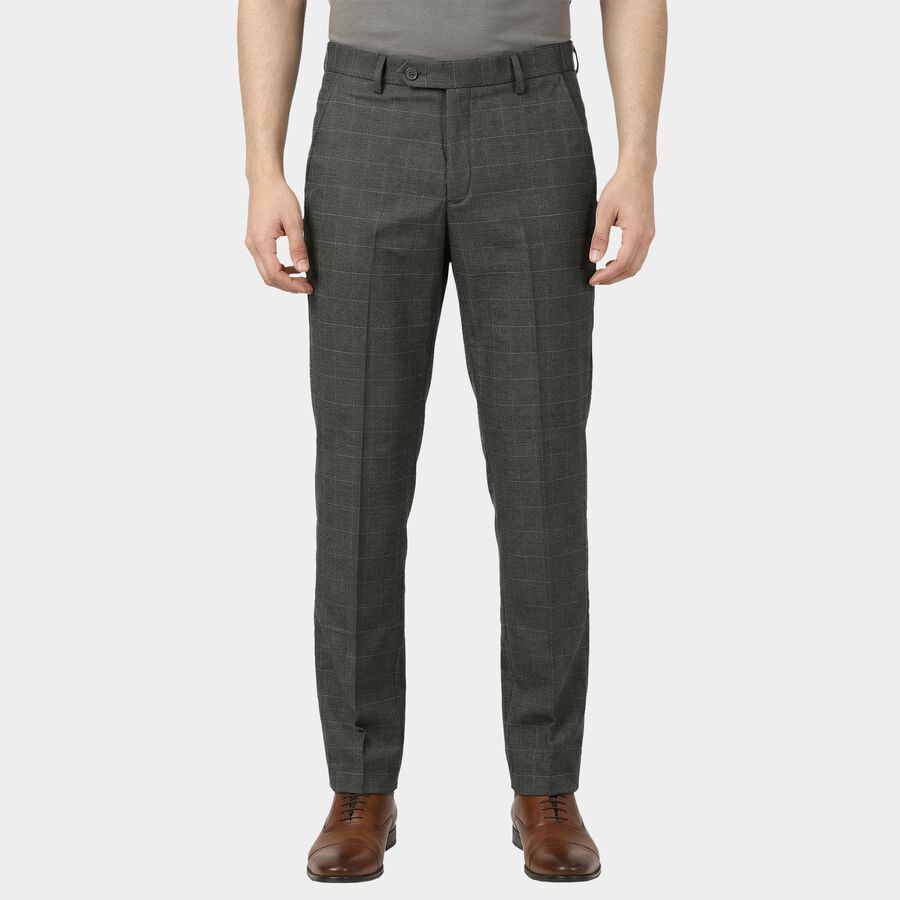 Men's Mid Grey Slim Fit Check Formal Trousers, मिश्रित मध्यम ग्रे, large