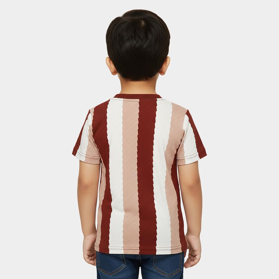 Boys' Maroon Round Neck Vertical Striped T-Shirt, Maroon, large