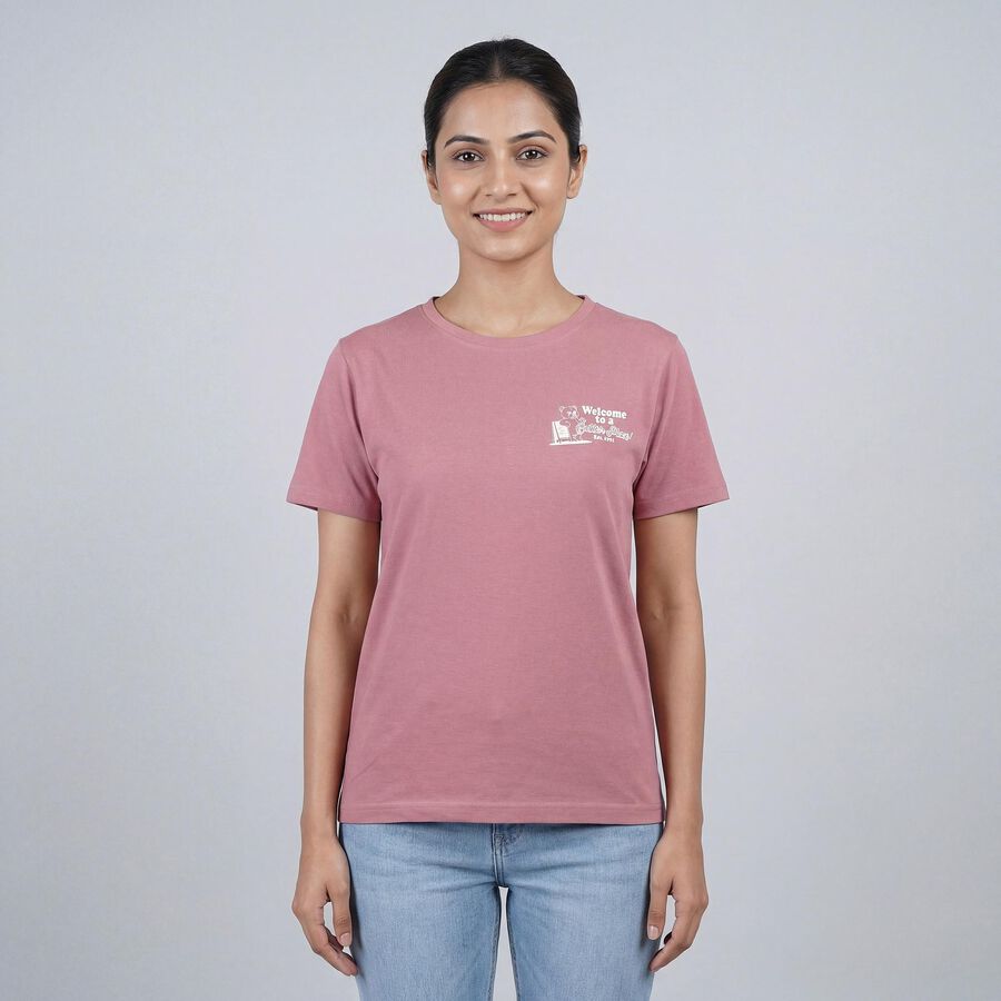Women's Pink Round Neck Casual T-Shirt, Pink, large