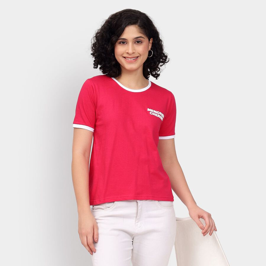 Ladies' Cotton Round Neck T-Shirt, रानी (फ्यूशिया), large image number null