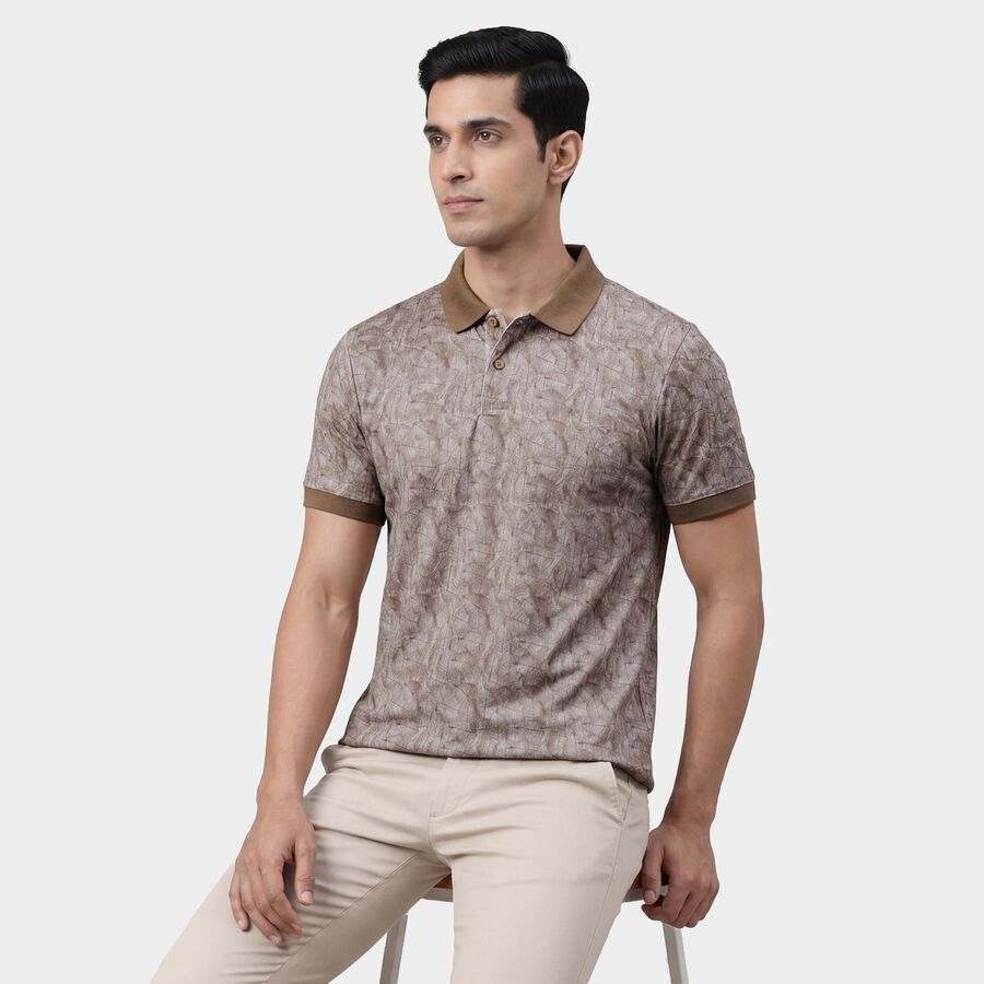 Men's Beige Cotton Polo Neck Classic T-Shirt, Beige, large