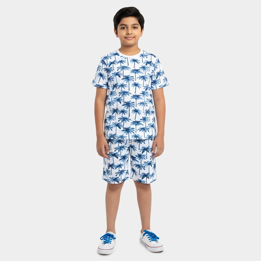 Boys White Cotton Round Neck Solid Night Suit, White, large