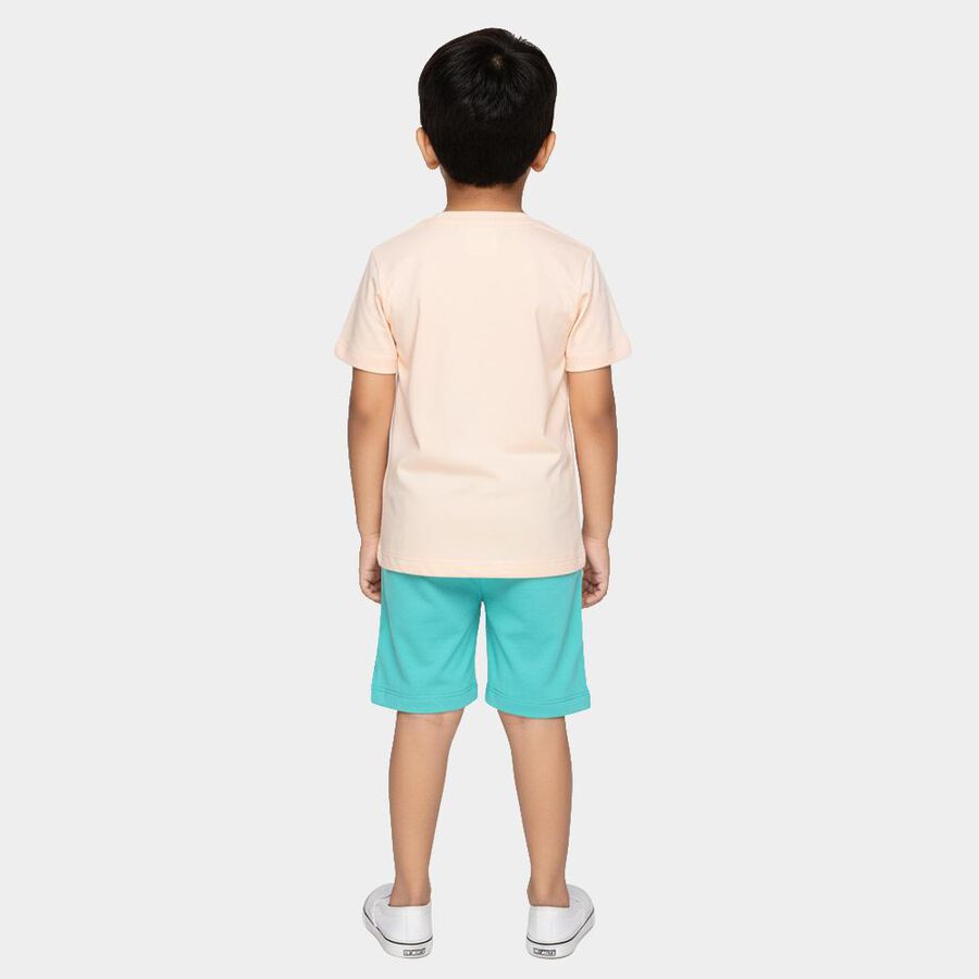 Boys Peach Cotton Round Neck Printed Baba Suit, Peach, large