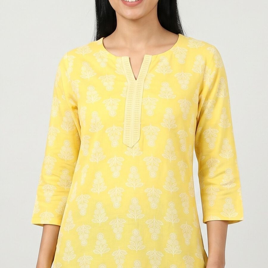Women's Yellow Notch Neck Floral Printed Kurti, Yellow, large