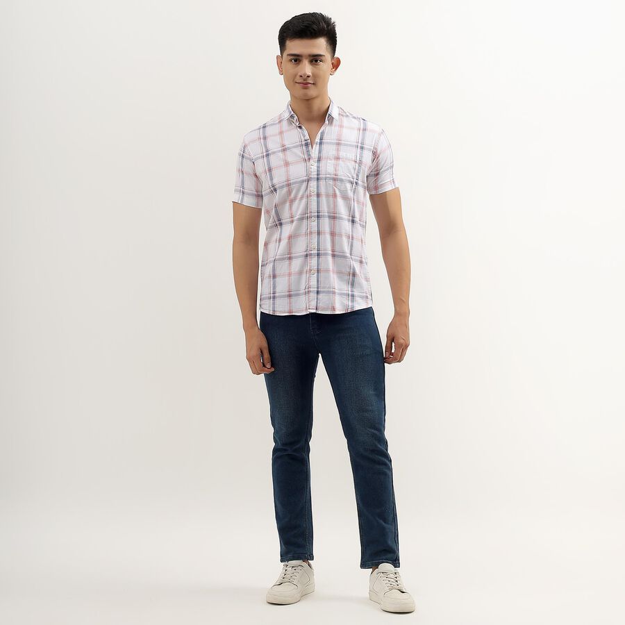 Men's White Cotton Regular Collar Checked Casual Shirt, Pink, large