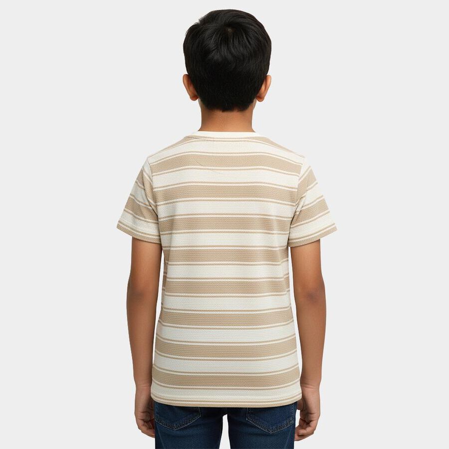Boys' Beige Cotton Blend Crew Neck Casual T-Shirt, Beige, large