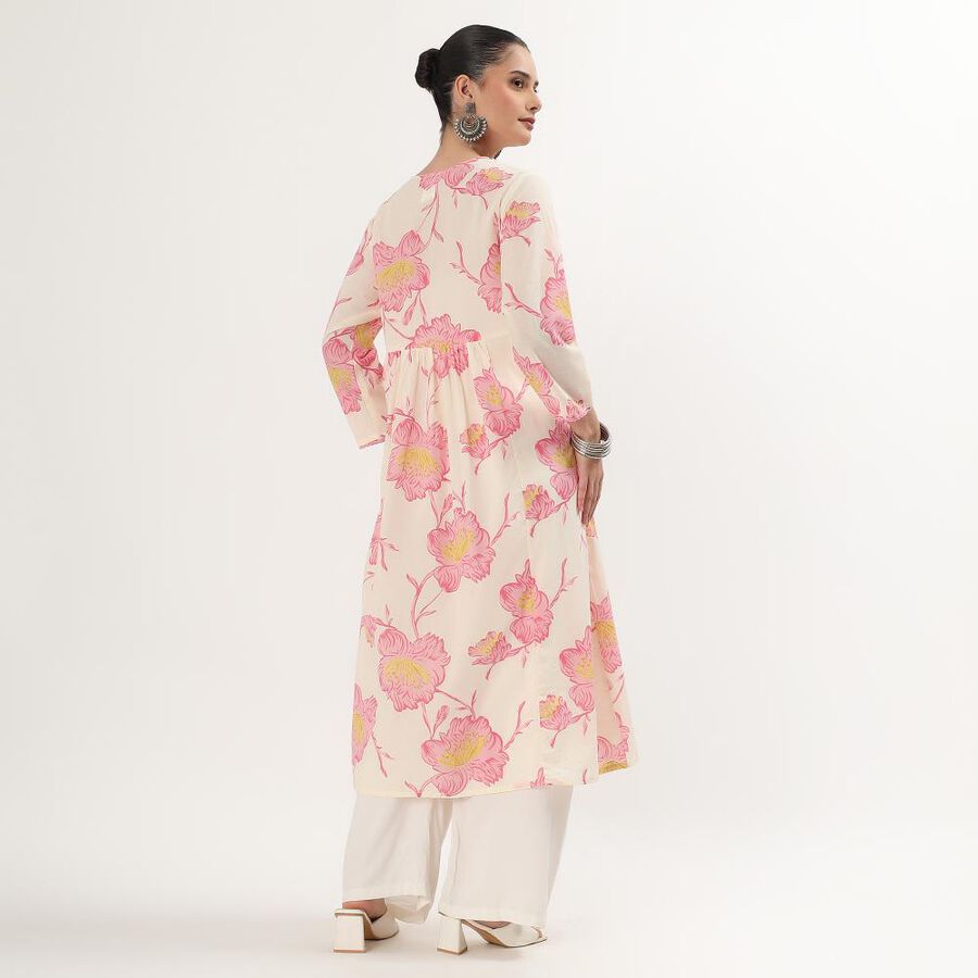 Women's Light Pink Cotton Round Neck Mirror Work Floral Printed Kurti, हल्का गुलाबी, large image number null