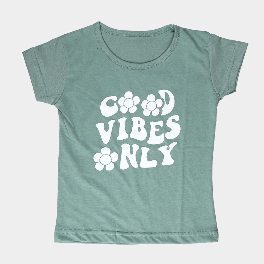 Girls' Green Round Neck Printed T-Shirt, Light Green, large