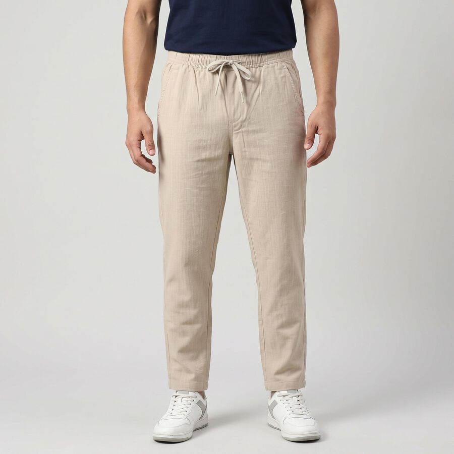Men's Grey Slim Fit Drawstring Casual Trousers, हल्का ग्रे, large