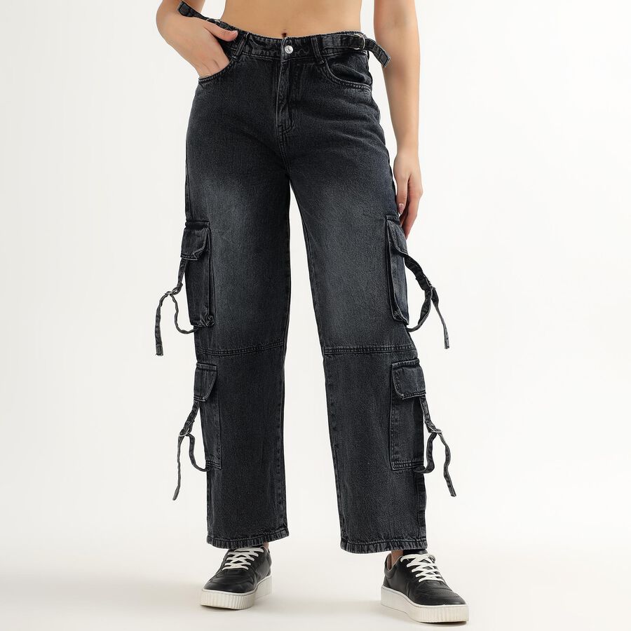 Women's Charcoal Black Cargo Fit High-Rise Jeans, काला, large image number null
